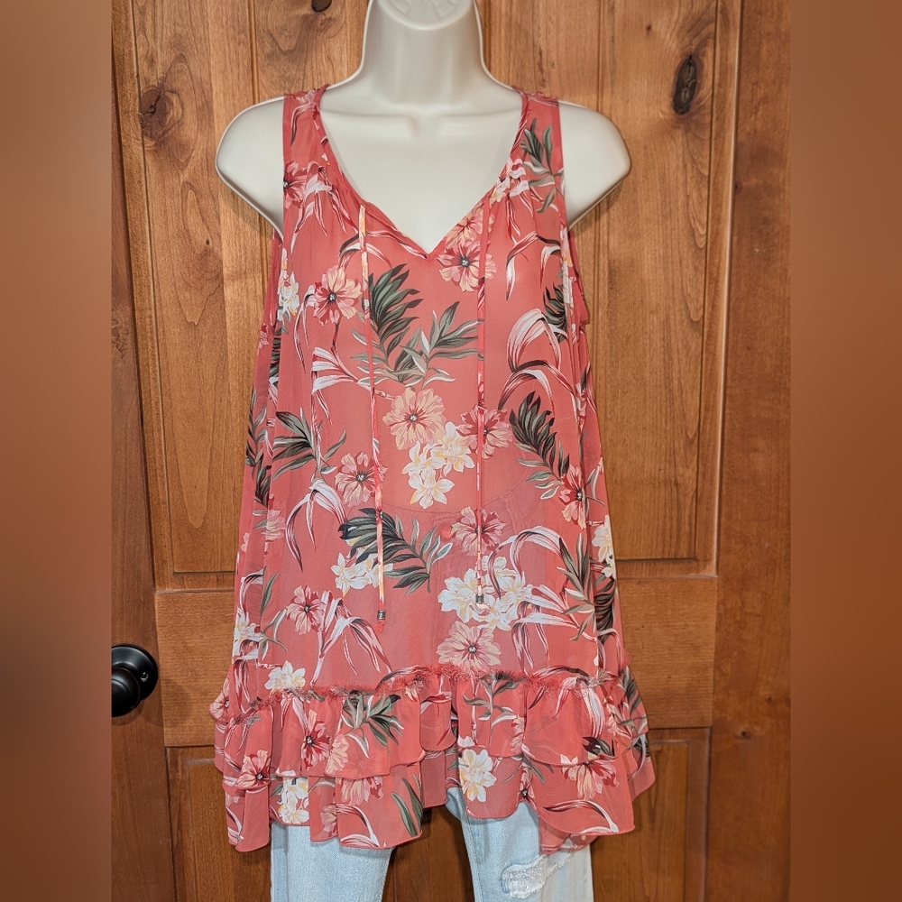 Style & Co. Coral Floral Top With Ruffles